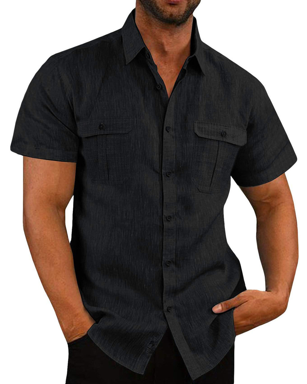 Men's Summer Casual Double Pocket Wide Collar Beach Shirt Summer