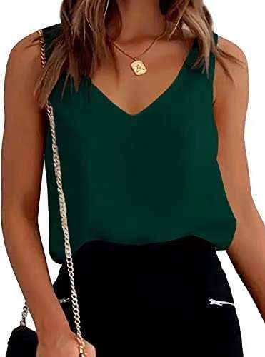 Women Tank Top Summer Casual V Neck Camisole Blouses Loose Sleeveless Cami Basic Tank Shirt Dark Green