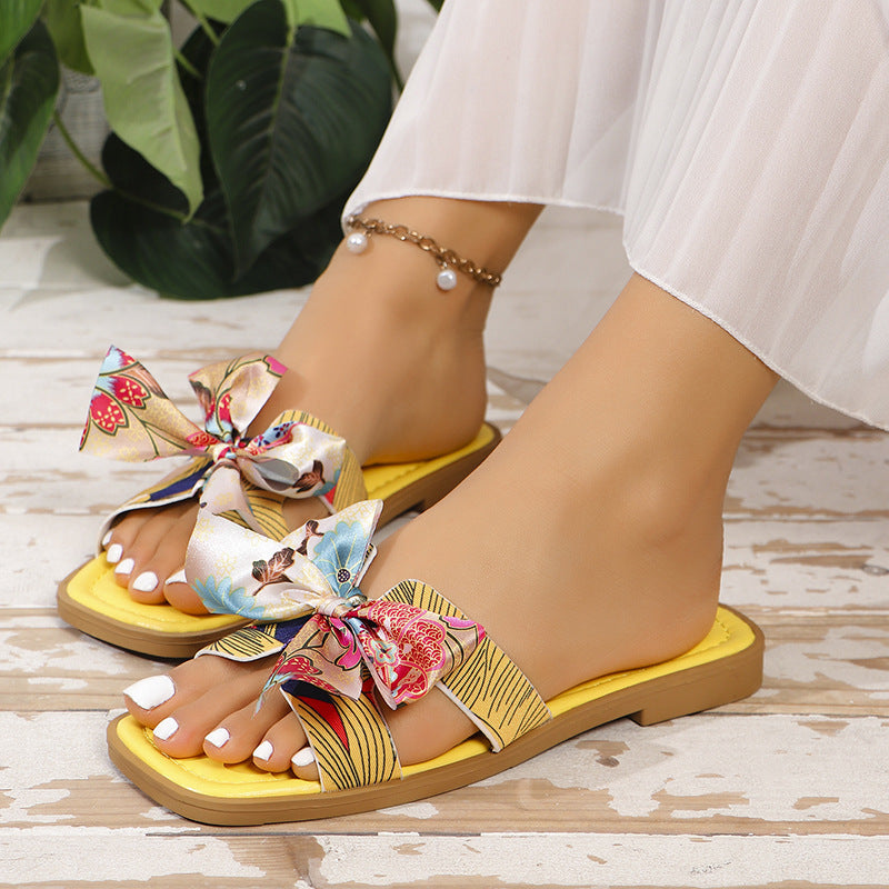 Ribbon Bow Sandals Summer New Square Toe Low Heel Sandal For Women Slides Fashion Casual Female Beach Shoes