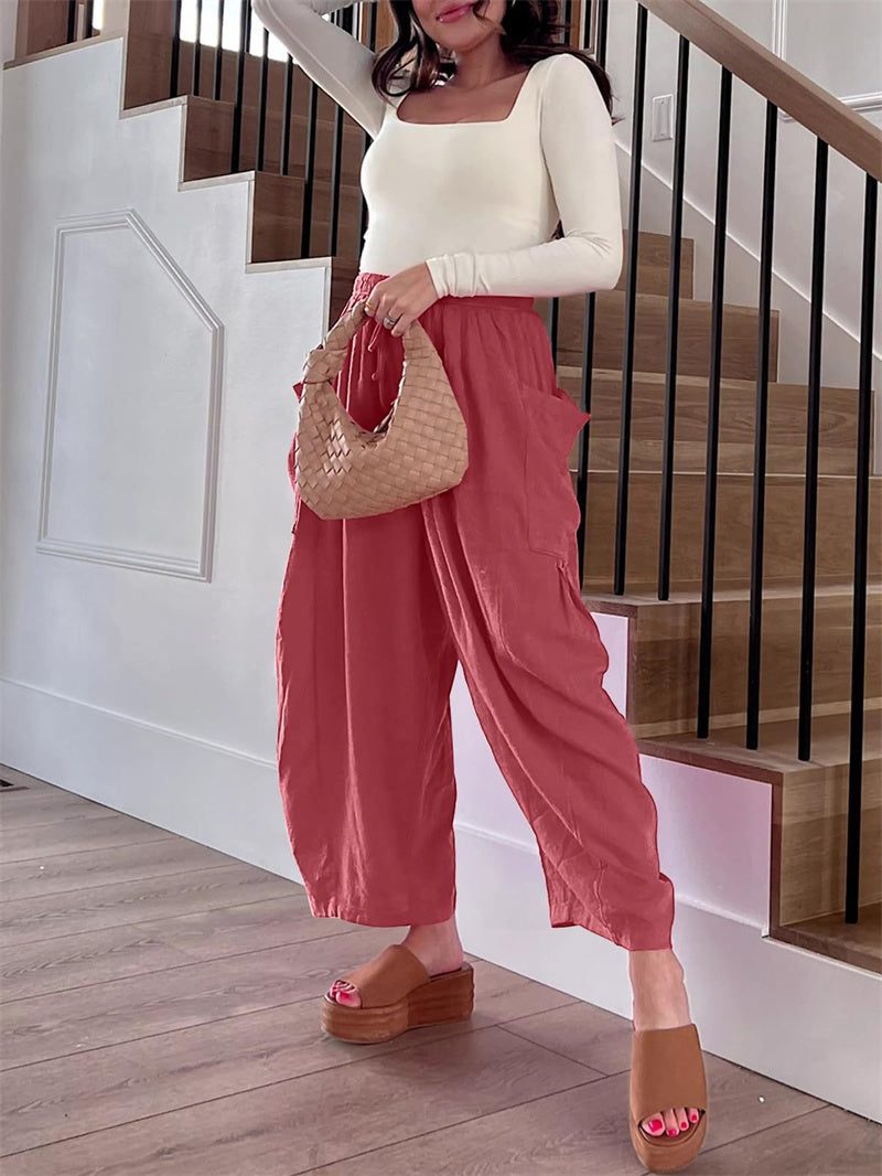 Fashion Wide Leg Pants Summer Loose Elastic High Waist Pleated Trousers Solid Color Womens Clothing Pink