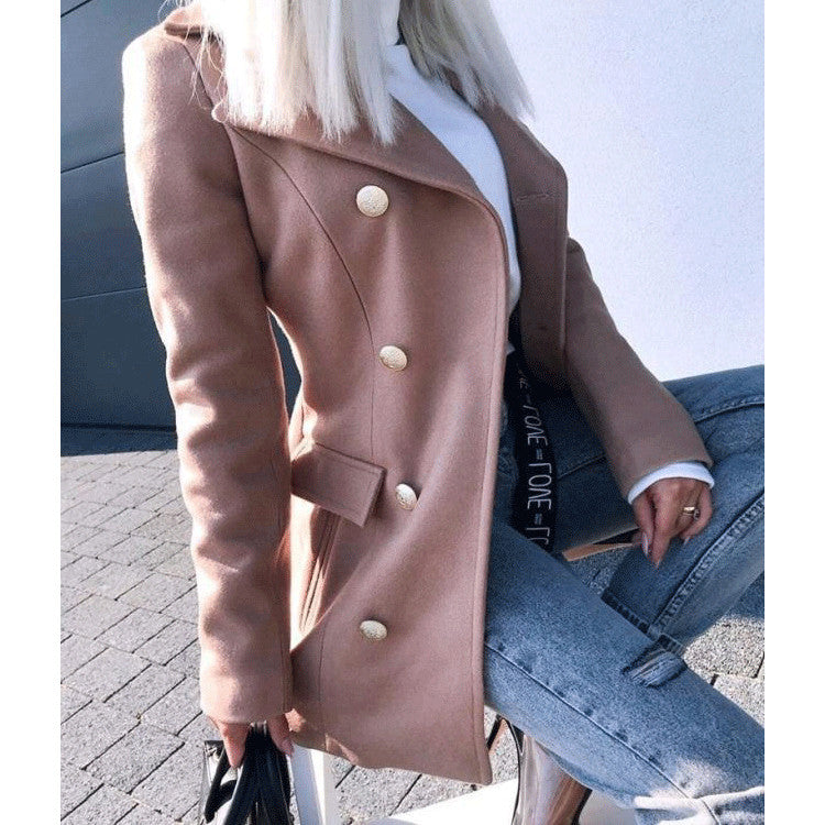 Elegant Women Autumn Winter Long-Sleeve Double-Breasted Nizi Coat Pink XL