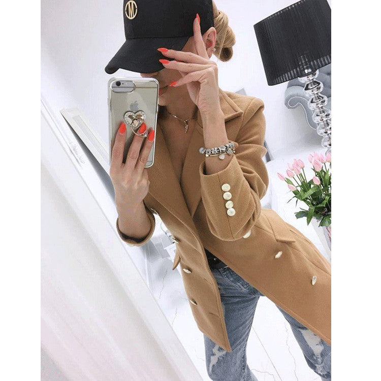 Elegant Women Autumn Winter Long-Sleeve Double-Breasted Nizi Coat Khaki XXL