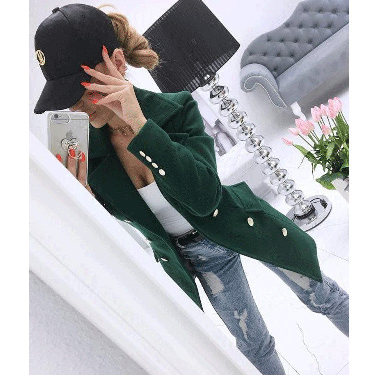 Elegant Women Autumn Winter Long-Sleeve Double-Breasted Nizi Coat Green L