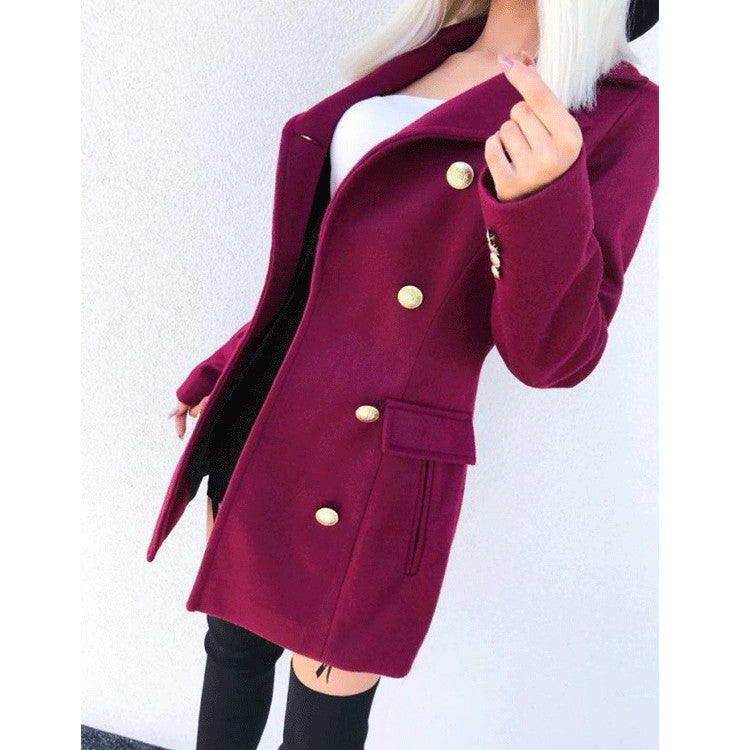 Elegant Women Autumn Winter Long-Sleeve Double-Breasted Nizi Coat Wine Red XL