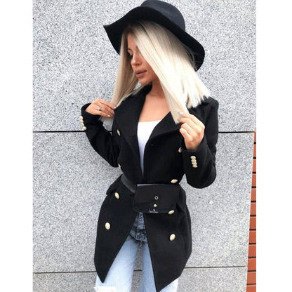 Elegant Women Autumn Winter Long-Sleeve Double-Breasted Nizi Coat Black XXL