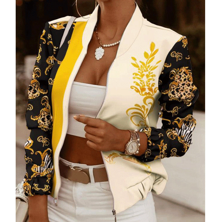 Elegant Women's Autumn Long-Sleeve Zipper Embellished Cardigan Printed Jacket black and yellow XXL