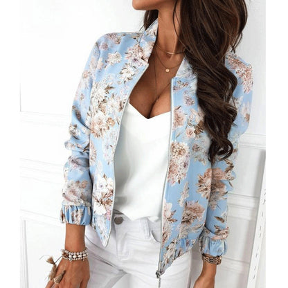 Elegant Women's Autumn Long-Sleeve Zipper Embellished Cardigan Printed Jacket sky blue XL