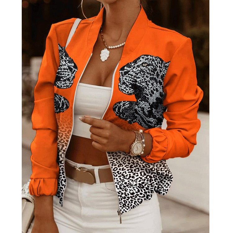 Elegant Women's Autumn Long-Sleeve Zipper Embellished Cardigan Printed Jacket Orange L