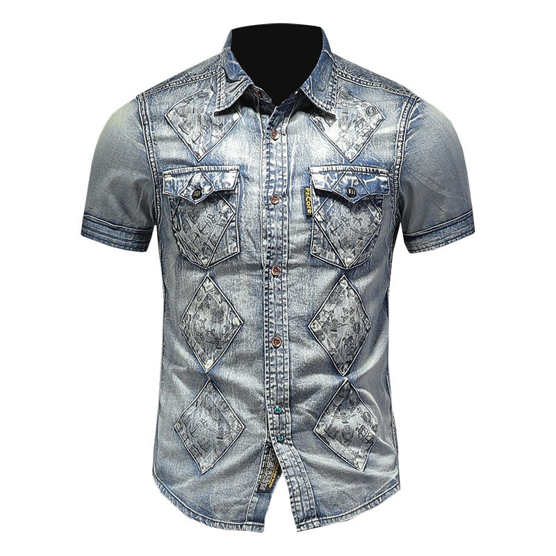 Cute Men's Denim Short Sleeve Shirt Men Grey M