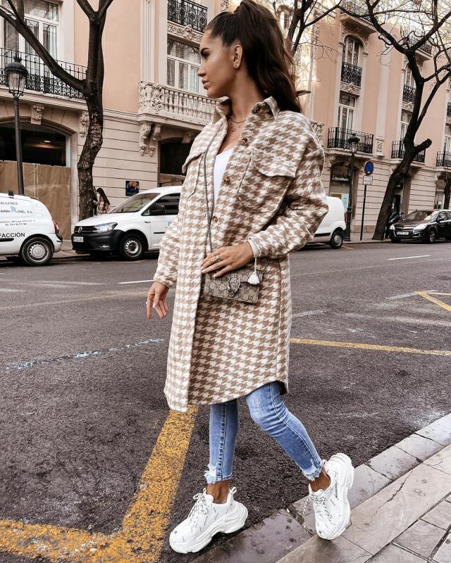 Lovely New Houndstooth Print Woolen Coat Jacket Mid-Length Women Ladies Clothing Khaki S