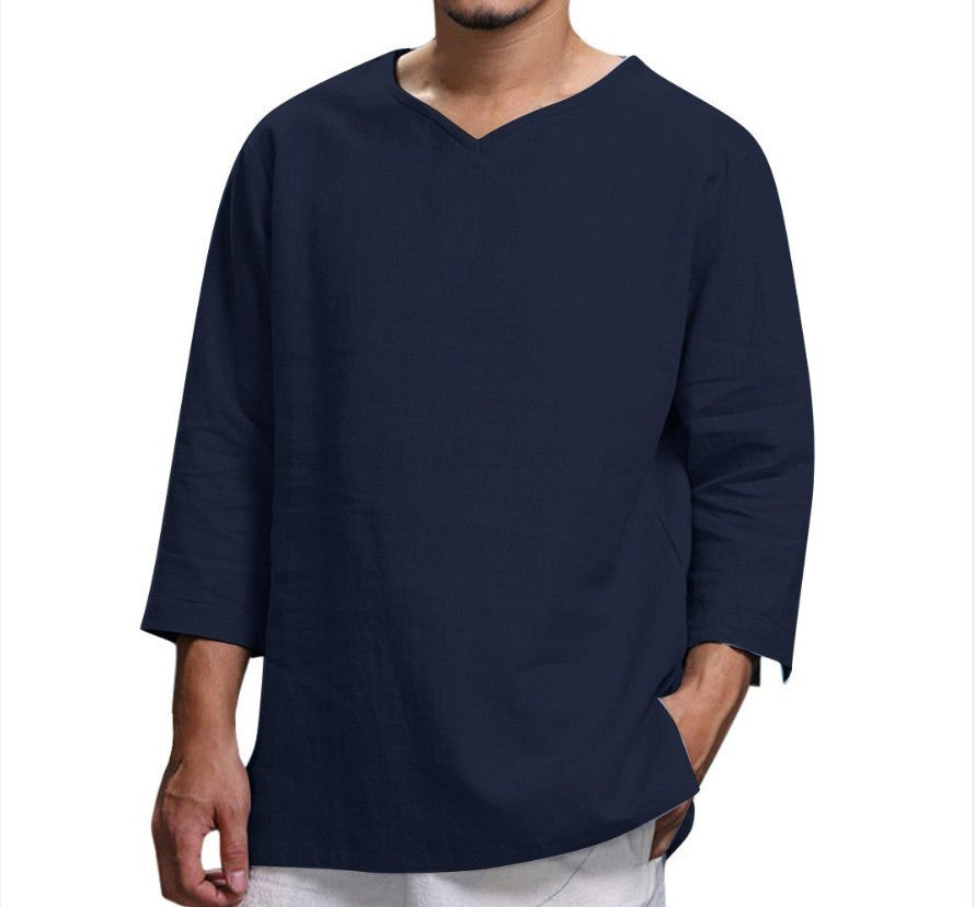 Loose Casual V-neck Top Cotton And Linen Long Sleeve Pullover Shirt Mens Clothing Navy Blue