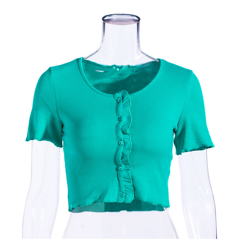 Lovely Women's Solid color round neck short sleeve t-shirt blouse 2023 Green S