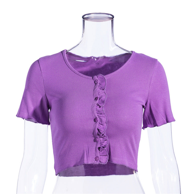 Lovely Women's Solid color round neck short sleeve t-shirt blouse 2023 Purple M