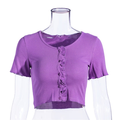 Lovely Women's Solid color round neck short sleeve t-shirt blouse 2023 Purple S