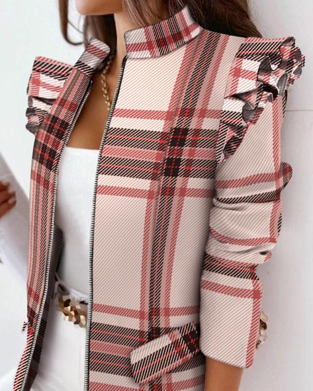 Lovely Women's Check Leopard Print Zip Ruffle Shoulder Jacket 2023 Pink plaid XXL