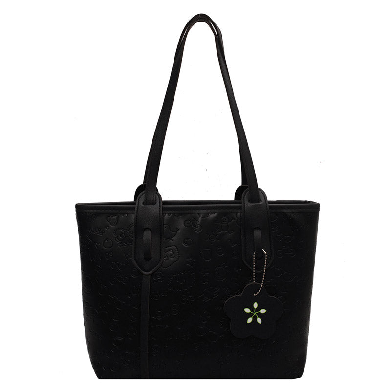 Large-Capacity Tote Contrast Color Pendant Edging Shoulder Bag 2023 Black