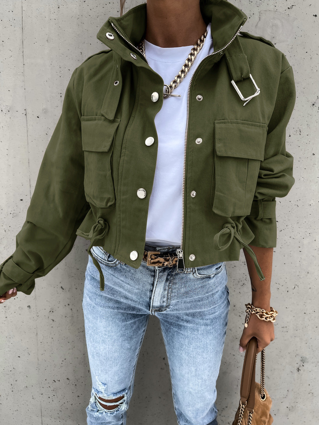 Elegant Women's Autumn And Winter Jacket Coat Short Polyester Fiber Top Ladies 2023 Green S