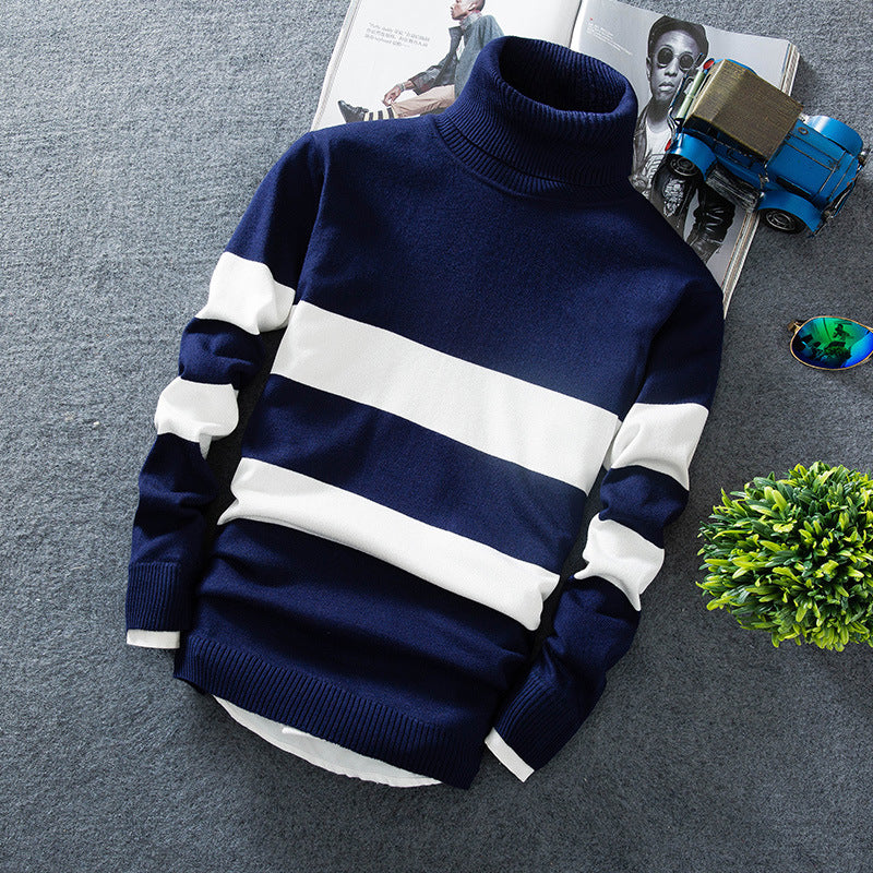 Gorgeous Men's Autumn Long-sleeved Colorblock Striped Turtleneck Sweater 2023 Blue M