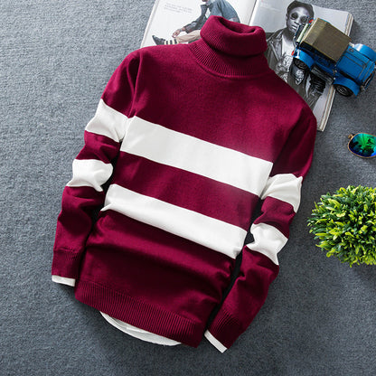 Gorgeous Men's Autumn Long-sleeved Colorblock Striped Turtleneck Sweater 2023 Red 3XL