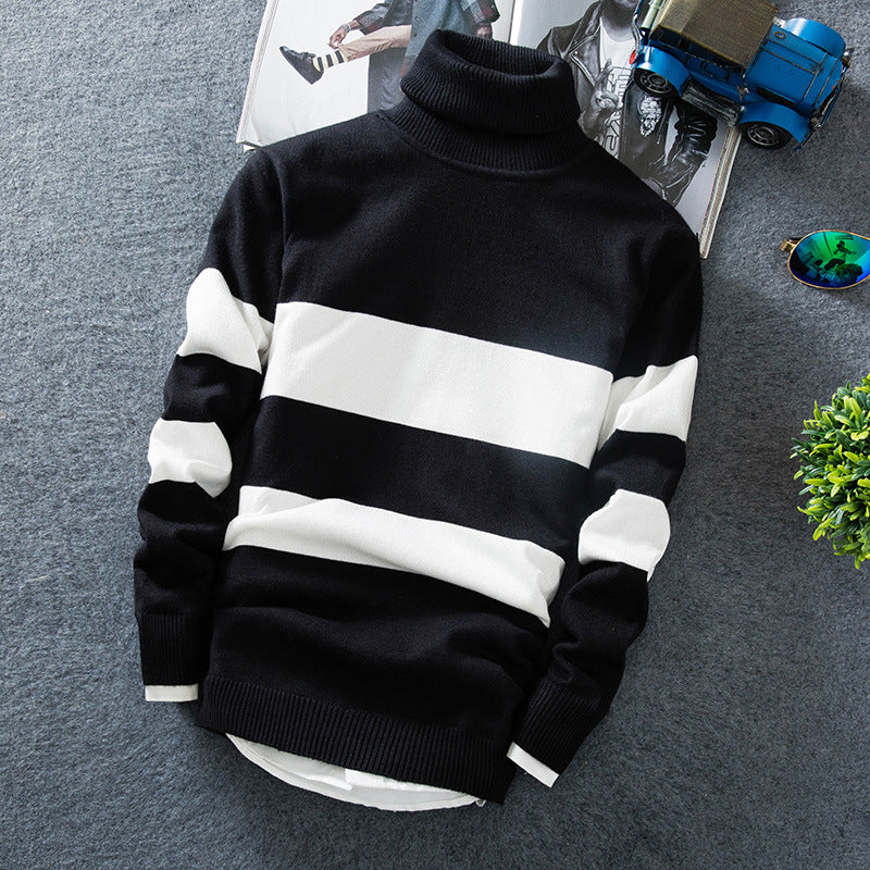 Gorgeous Men's Autumn Long-sleeved Colorblock Striped Turtleneck Sweater 2023 Black M