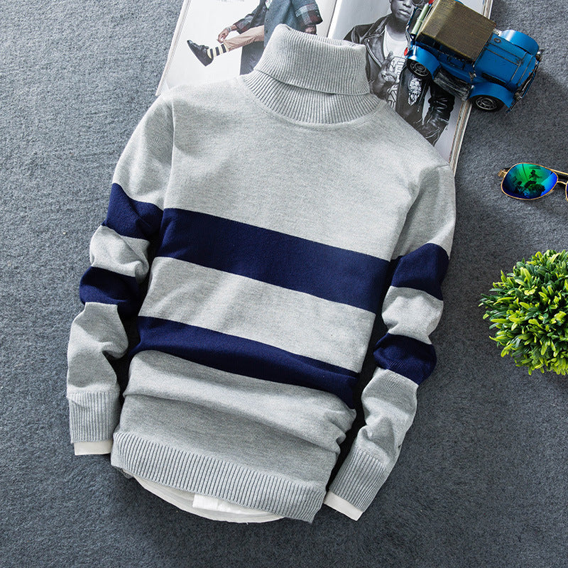 Gorgeous Men's Autumn Long-sleeved Colorblock Striped Turtleneck Sweater 2023 Grey 3XL