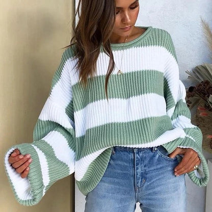 Lovely Urban Trendy Striped Colour Block Sweater For Women 2023 Green M