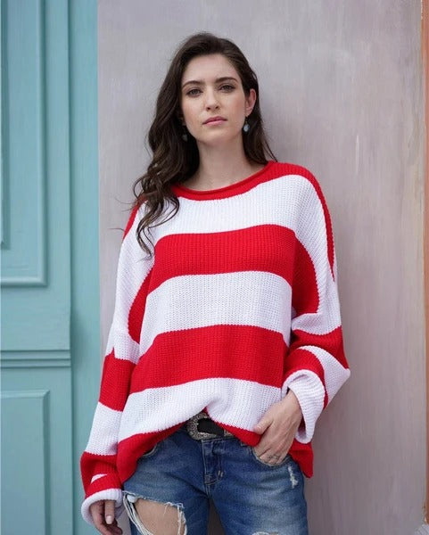 Lovely Urban Trendy Striped Colour Block Sweater For Women 2023 Red XL