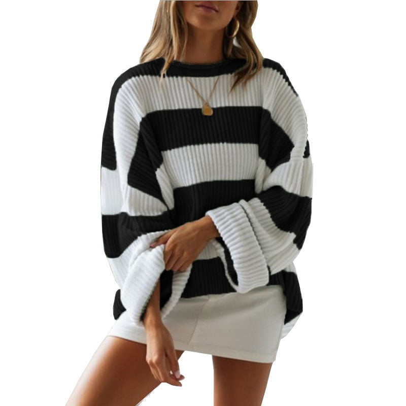 Lovely Urban Trendy Striped Colour Block Sweater For Women 2023 Black M