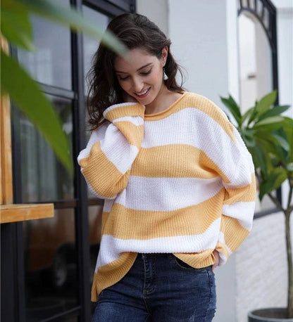 Lovely Urban Trendy Striped Colour Block Sweater For Women 2023 Yellow M