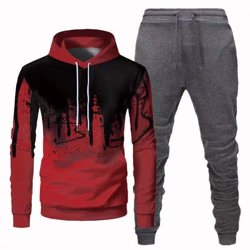 Trendy Urban Sports Hooded Tracksuit Sweatshirt For Men Red Gray Pants 3XL