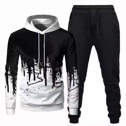 Trendy Urban Sports Hooded Tracksuit Sweatshirt For Men White Black Pants L