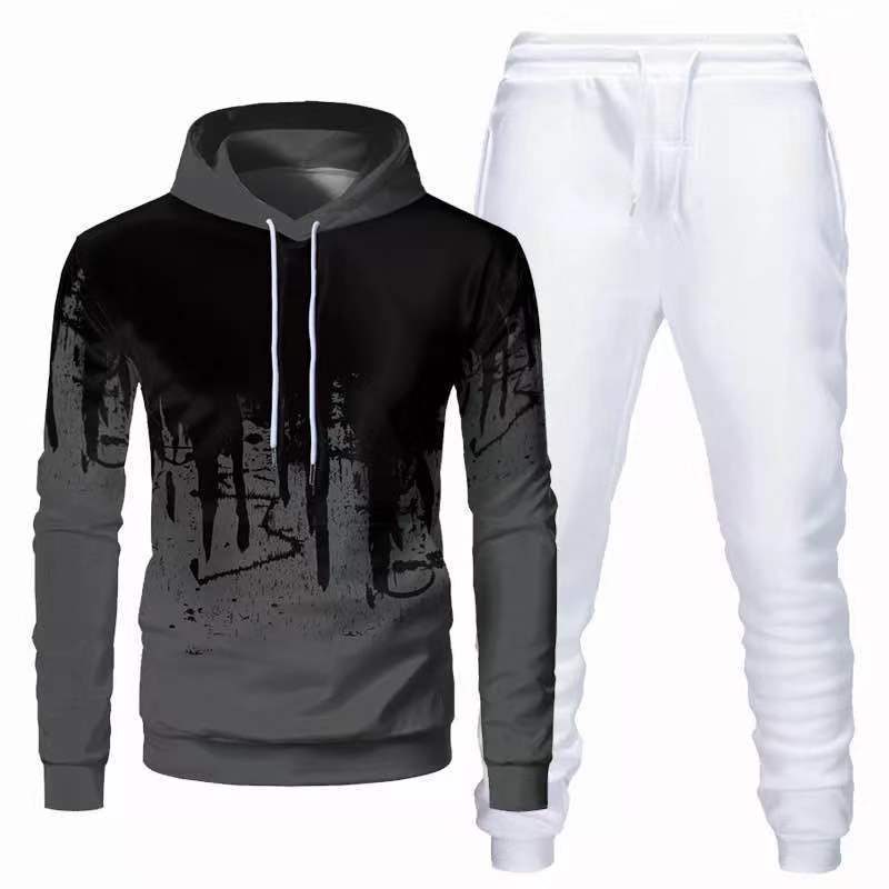 Trendy Urban Sports Hooded Tracksuit Sweatshirt For Men gray white pants XXL