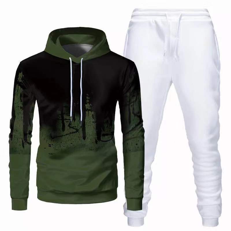 Trendy Urban Sports Hooded Tracksuit Sweatshirt For Men Army Green White Pants M