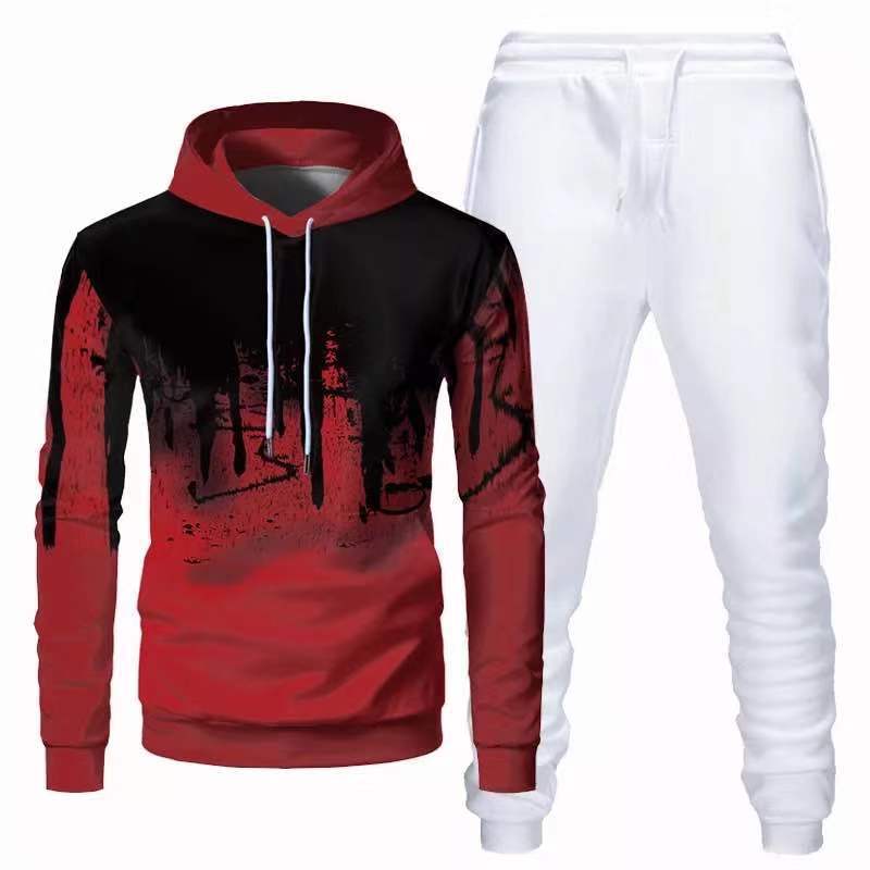 Trendy Urban Sports Hooded Tracksuit Sweatshirt For Men Red White Pants L