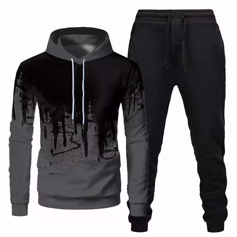 Trendy Urban Sports Hooded Tracksuit Sweatshirt For Men Gray Black Pants XL