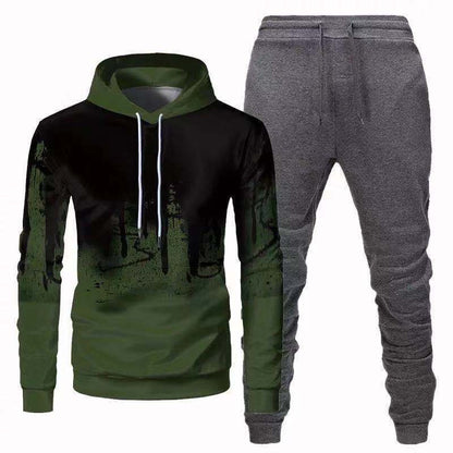 Trendy Urban Sports Hooded Tracksuit Sweatshirt For Men Army Green Gray pants XL