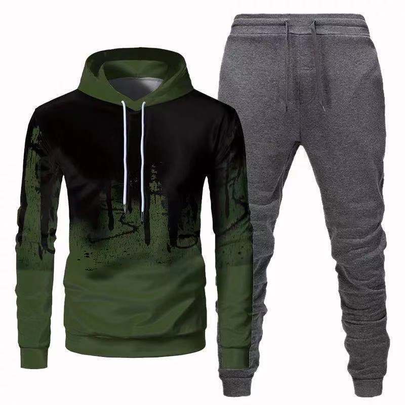 Trendy Urban Sports Hooded Tracksuit Sweatshirt For Men Army Green Gray pants M