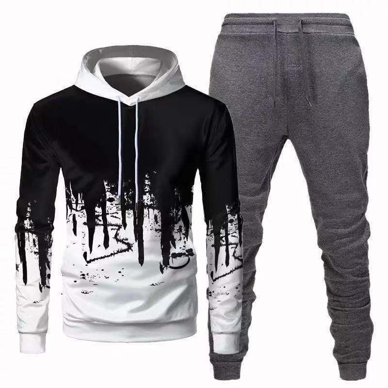 Trendy Urban Sports Hooded Tracksuit Sweatshirt For Men White Gray Pants 3XL