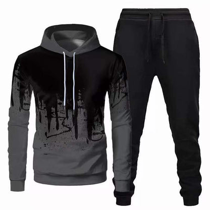 Trendy Urban Sports Hooded Tracksuit Sweatshirt For Men Gray Black Pants M