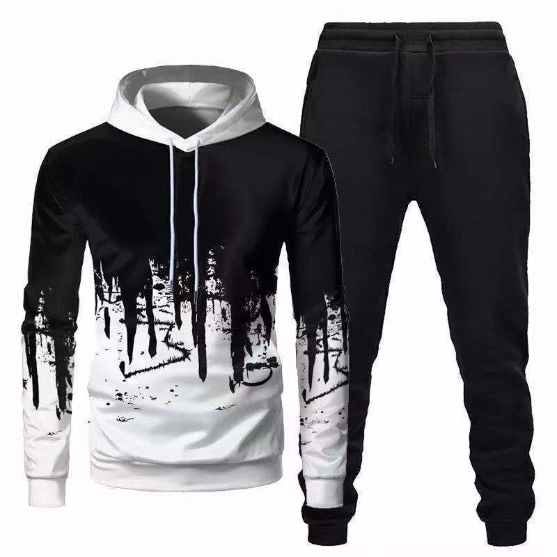 Trendy Urban Sports Hooded Tracksuit Sweatshirt For Men White Black Pants M