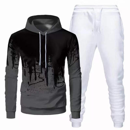 Trendy Urban Sports Hooded Tracksuit Sweatshirt For Men gray white pants XL