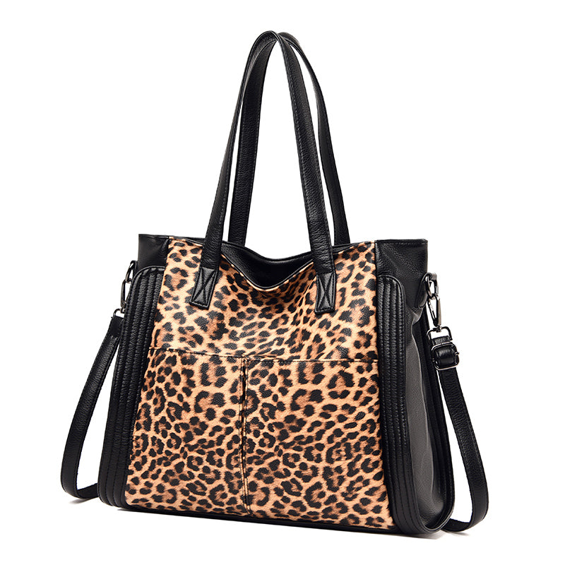 Lovely Women's Contrasting Color Tote Hand Bag Large Capacity 2023 Black leopard