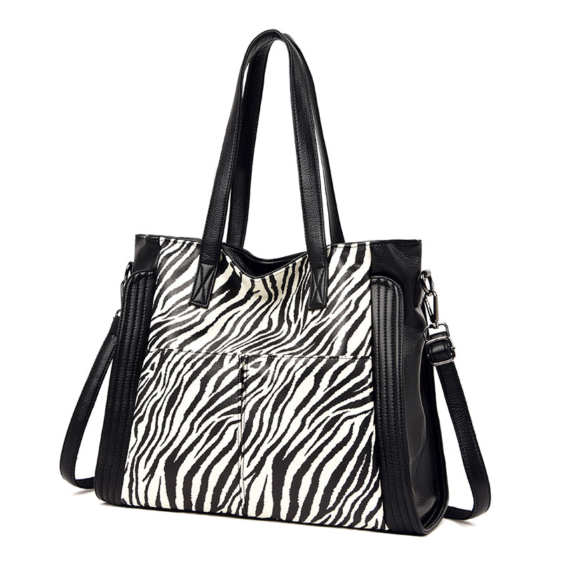 Lovely Women's Contrasting Color Tote Hand Bag Large Capacity 2023 Black zebra pattern