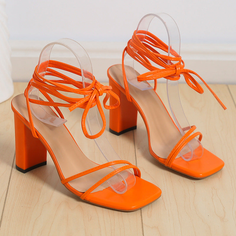 Lace Up Strappy Sandals Summer Chunky Heel Square Toe Shoes Fashion Orange Size35