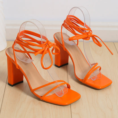 Lace Up Strappy Sandals Summer Chunky Heel Square Toe Shoes Fashion Orange Size37