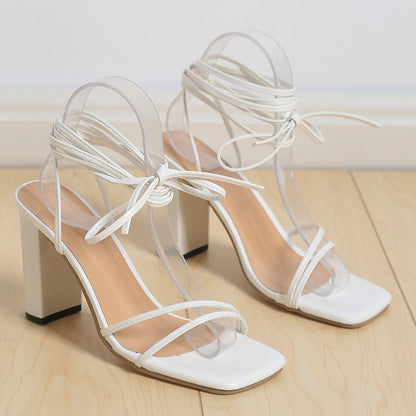 Lace Up Strappy Sandals Summer Chunky Heel Square Toe Shoes Fashion White Size39