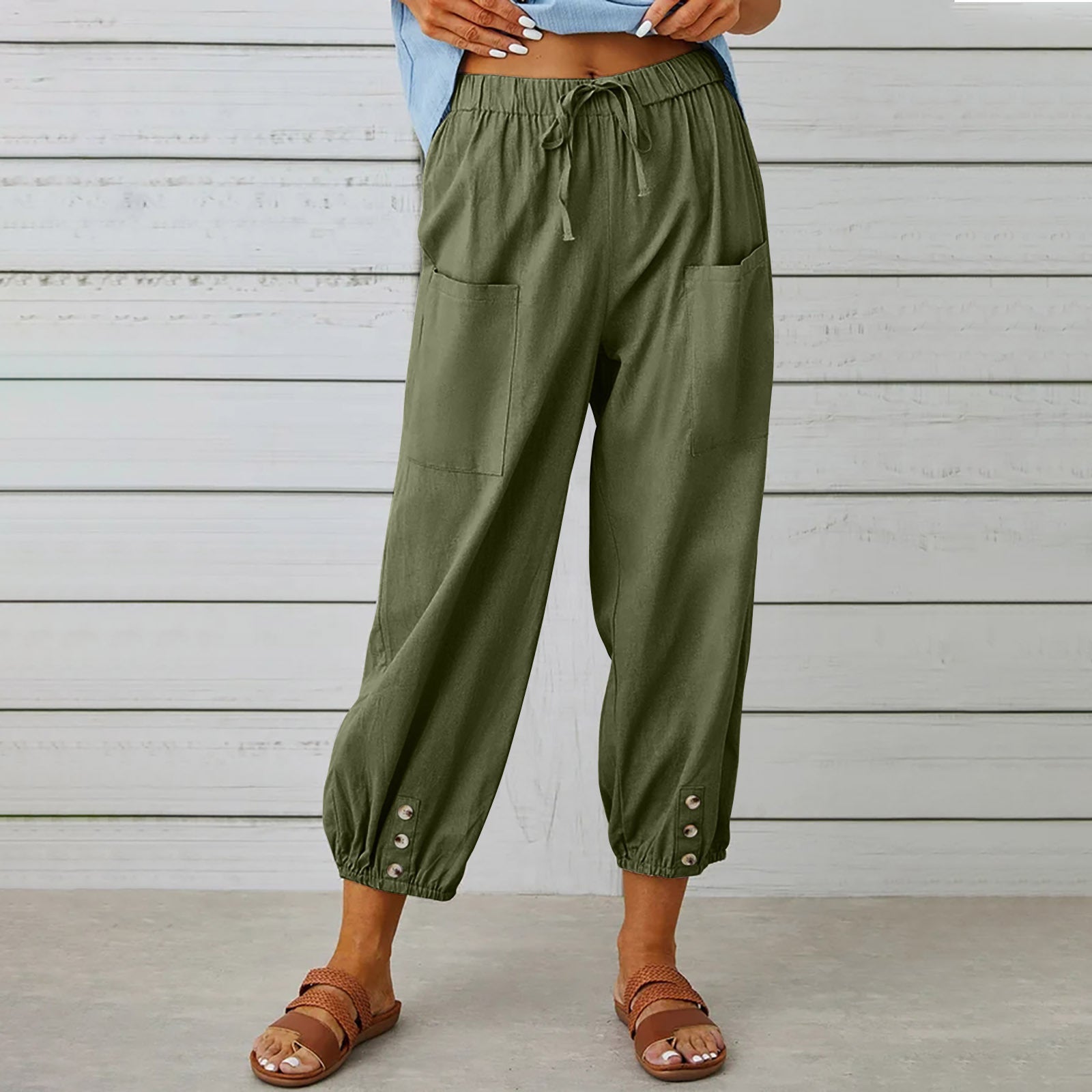 Elegant Women Drawstring Tie Pants Spring Summer Cotton And Linen Trousers Army Green 4XL