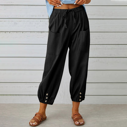 Elegant Women Drawstring Tie Pants Spring Summer Cotton And Linen Trousers Black 4XL