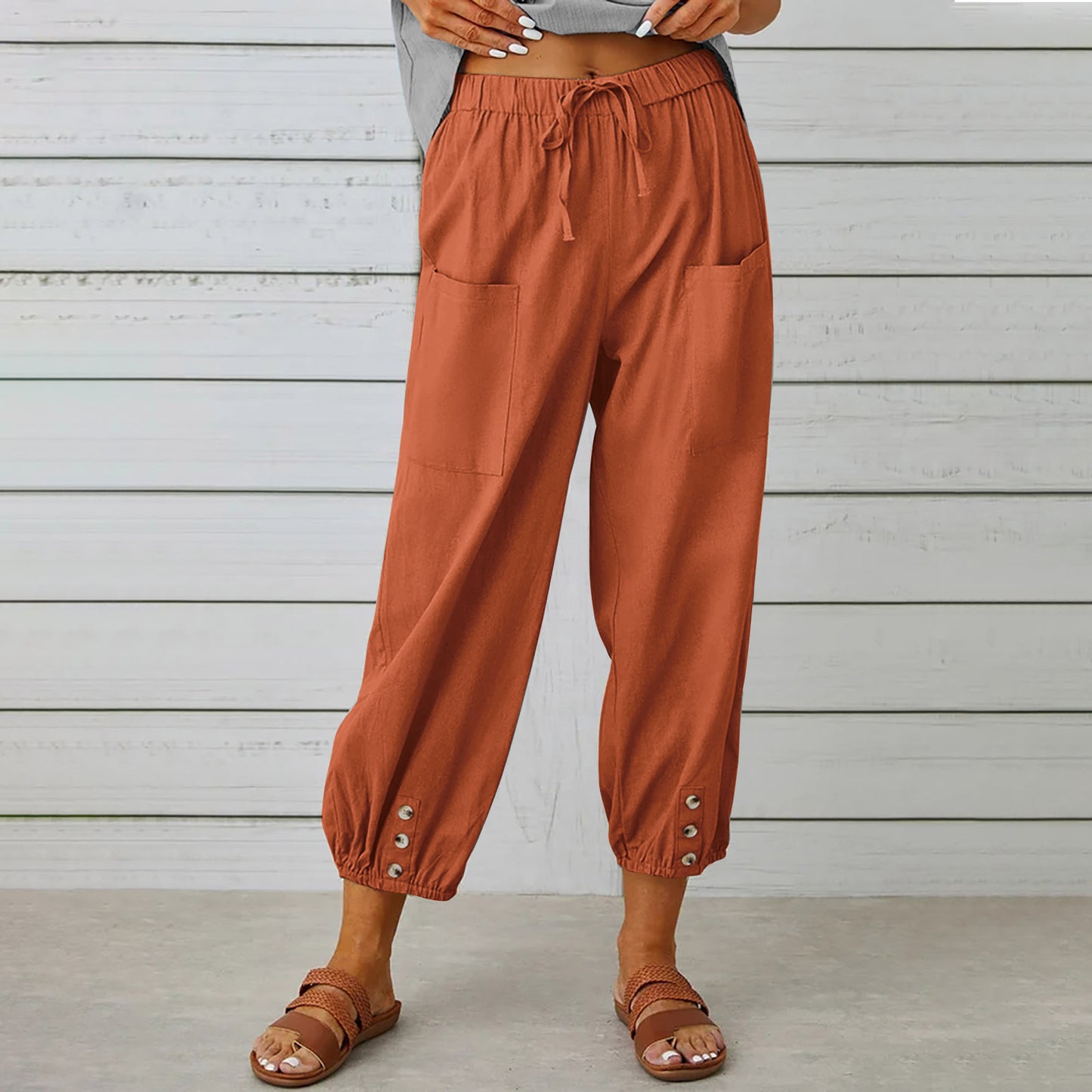 Elegant Women Drawstring Tie Pants Spring Summer Cotton And Linen Trousers Brick Red 4XL