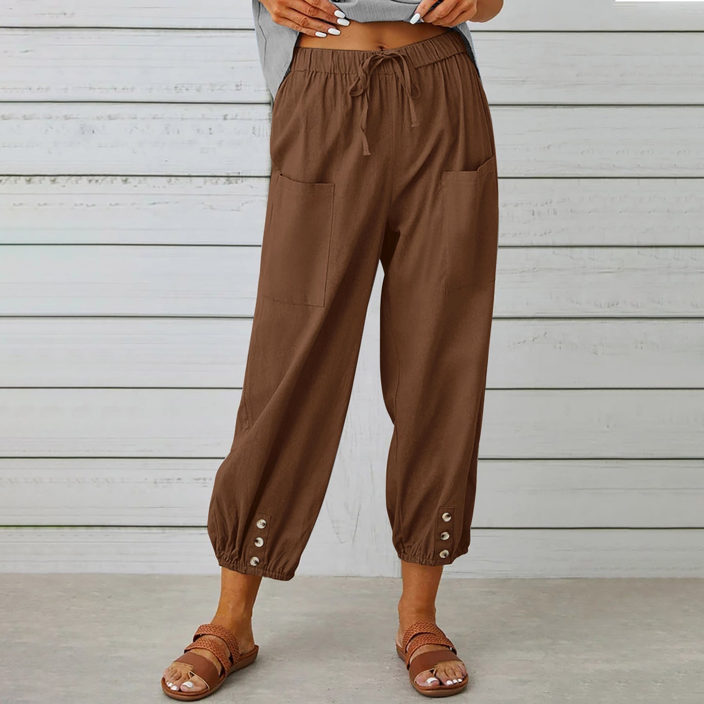 Elegant Women Drawstring Tie Pants Spring Summer Cotton And Linen Trousers Brown 4XL